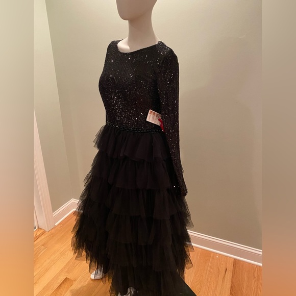 Ieena for Mac Duggal Sequin Bodice Long-Sleeve Ruffle Tiered Midi dress - Picture 10 of 13